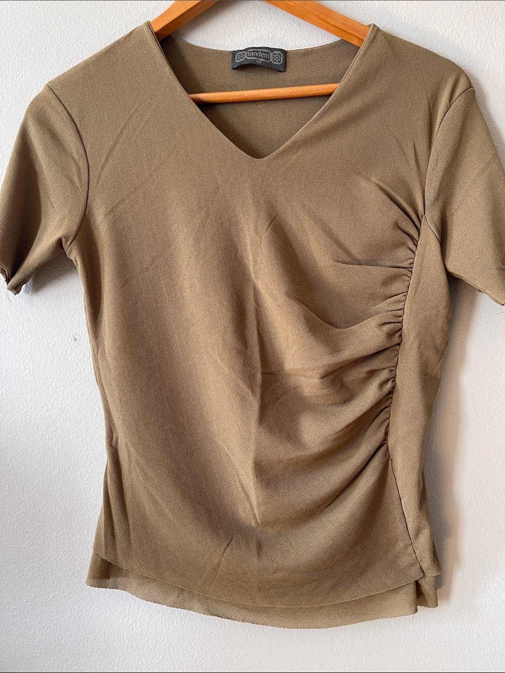 Tandem Olive Short-Sleeve V-Neck Top with Side Ruching Olive color